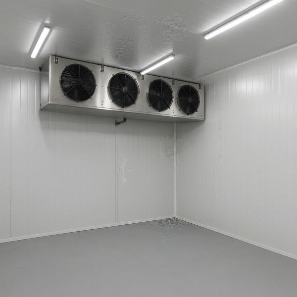 Clean cold room interior with evaporator and lighting